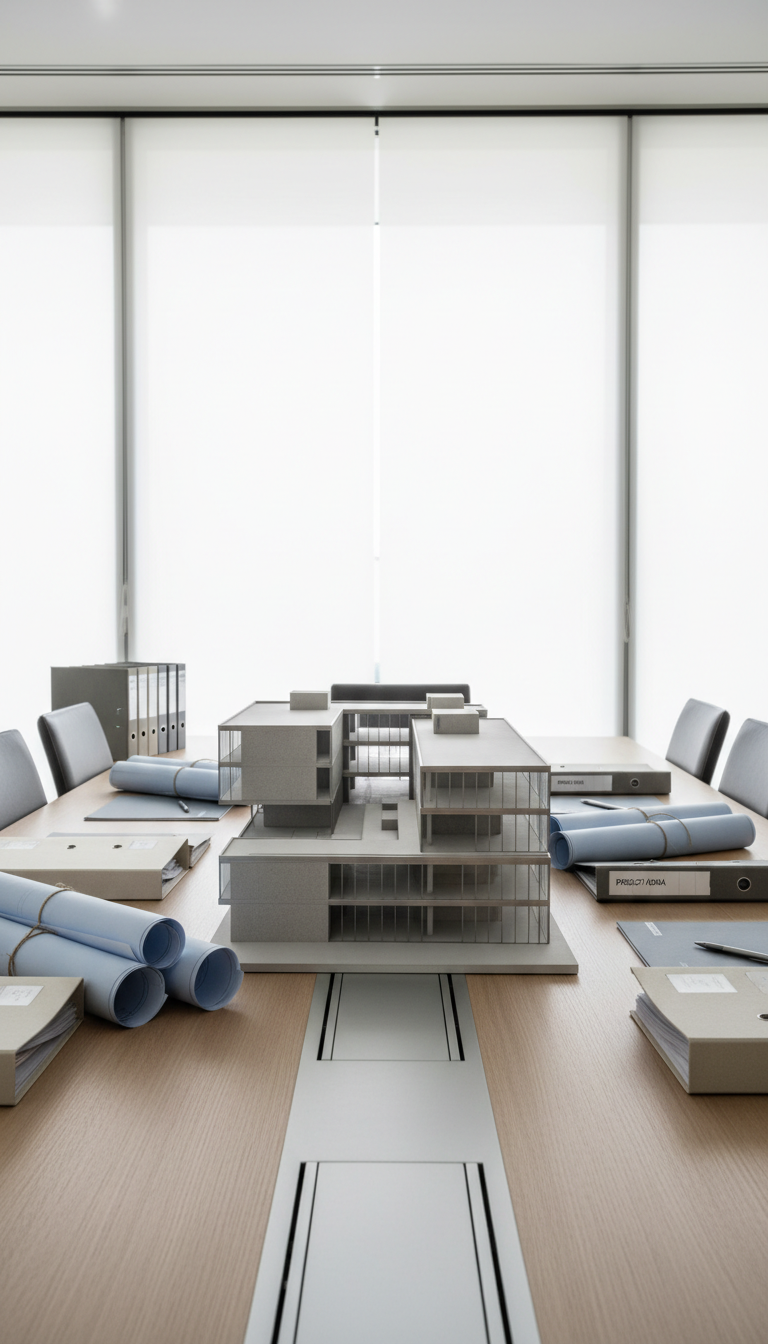 A sleek, minimalist architectural model of a modern building project, constructed from smooth concrete and brushed steel elements. The model sits centered on a clean, light oak boardroom table, surrounded by neatly stacked blueprints and a precisely organized set of neutral-toned file folders. Gentle, diffused daylight enters through large, frosted glass panels, bathing the scene in balanced, soft illumination. The environment feels ordered and highly professional, evoking clarity and strategic thinking. Framed in a slightly elevated, eye-level shot with sharp focus on the model and its detailed textures, the composition uses clean lines and structured placement. The style is photographic realism, reflecting a polished, corporate aesthetic that embodies control and organization in engineering management.
