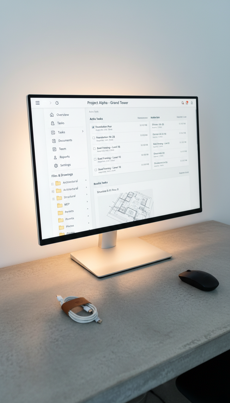 An open webpage interface showcased on a slim desktop monitor, featuring a well-organized construction project management dashboard with expandable menus, folder trees, and document preview windows. The monitor sits atop a clean, textured concrete desk, adjacent to neatly coiled charging cables and a matte, wireless mouse. Soft indirect LED lighting surrounds the monitor, creating a focused yet welcoming workspace. The mood is calm and composed, promoting productive digital collaboration. Captured from a direct, eye-level perspective with balanced framing and sharp detail on both the interface and surrounding elements, the image style is photographic and highly structured, mirroring the platform’s commitment to intuitive, easily navigable project oversight.