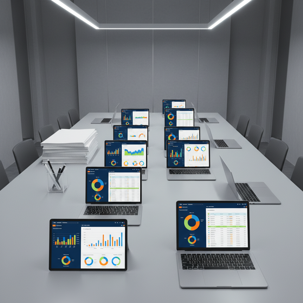 An array of glossy digital tablets and slim laptops, each displaying detailed construction project dashboards with colorful charts and well-organized lists, arranged on a pale gray conference table. Nearby, a stack of crisp, white technical documents rests beside a transparent acrylic pen holder. The room is illuminated by cool, even overhead LED lighting, emphasizing the clarity and structure of the workspace. The mood is efficient and forward-thinking, enhanced by the tidy, neutral backdrop. Captured from a birds-eye view with minimalist framing and uniform sharpness, the image highlights the seamless integration of digital tools in modern construction project management. The overall feel is clean, modern, and sophisticated, perfectly suited for a business platform.