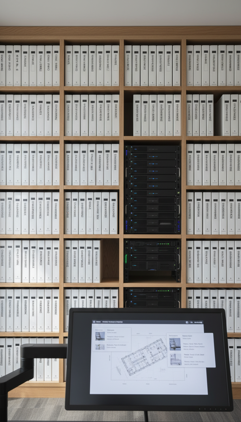 A precision-organized file storage wall lined with labeled, matte-white binders and cloud-connected data servers, all integrated into custom shelving units of natural maple wood. In the foreground, a touch-screen terminal displays a schematic diagram alongside digital copies of project documents. Soft, natural daylight from a nearby window casts subtle highlights and gentle shadows, creating a serene, balanced ambiance. Photographed from an eye-level standing perspective with centered composition, the image emphasizes easy access and digital-physical synergy. The style is clean and corporate, with strong lines and neutral tones underscoring the site’s commitment to efficient information management and secure documentation for engineering professionals.